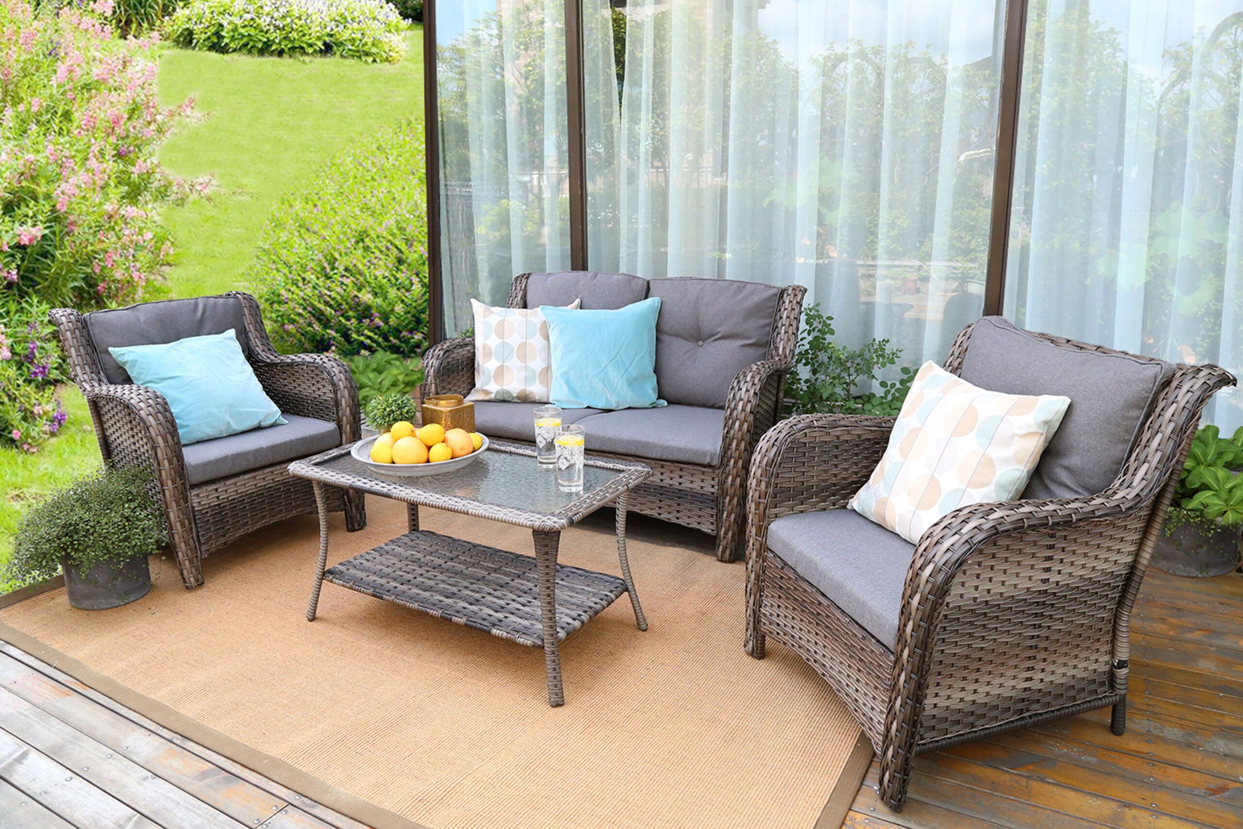 Patio Furniture inside Argento Sofa, Resin Wicker, Aluminum Legs, Ice Blue Polyester Cushion