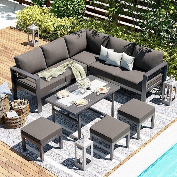 Sudzendf 7-Piece Aluminum Outdoor Sectional Set With Gray Cushions ... with A Closer Look at the Brentwood Aluminum Patio Sectional in Charcoal Gray