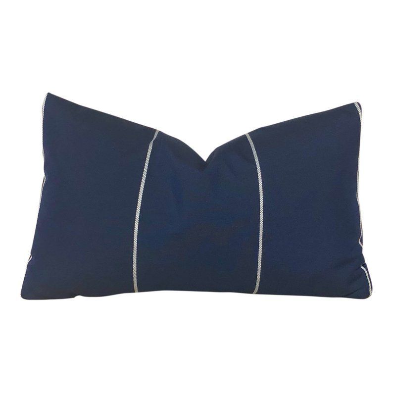 Sunbrella Striped In Navy Blue. Outdoor Lumbar Pillow Cover. | Outdoor ... throughout Outdoor Living Essentials Navy Dotted Stripes Lumbar Pillow Set