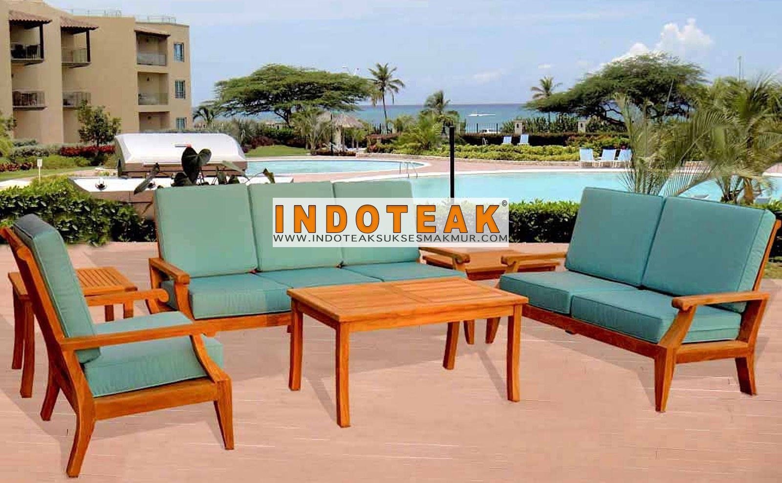 Teak Patio Sofa Deep Seating Sets Furniture With Sunbrella Canvas Aruba ... within Nain Large Lounge Sofa With Sunbrella Cushion, Canvas Aruba