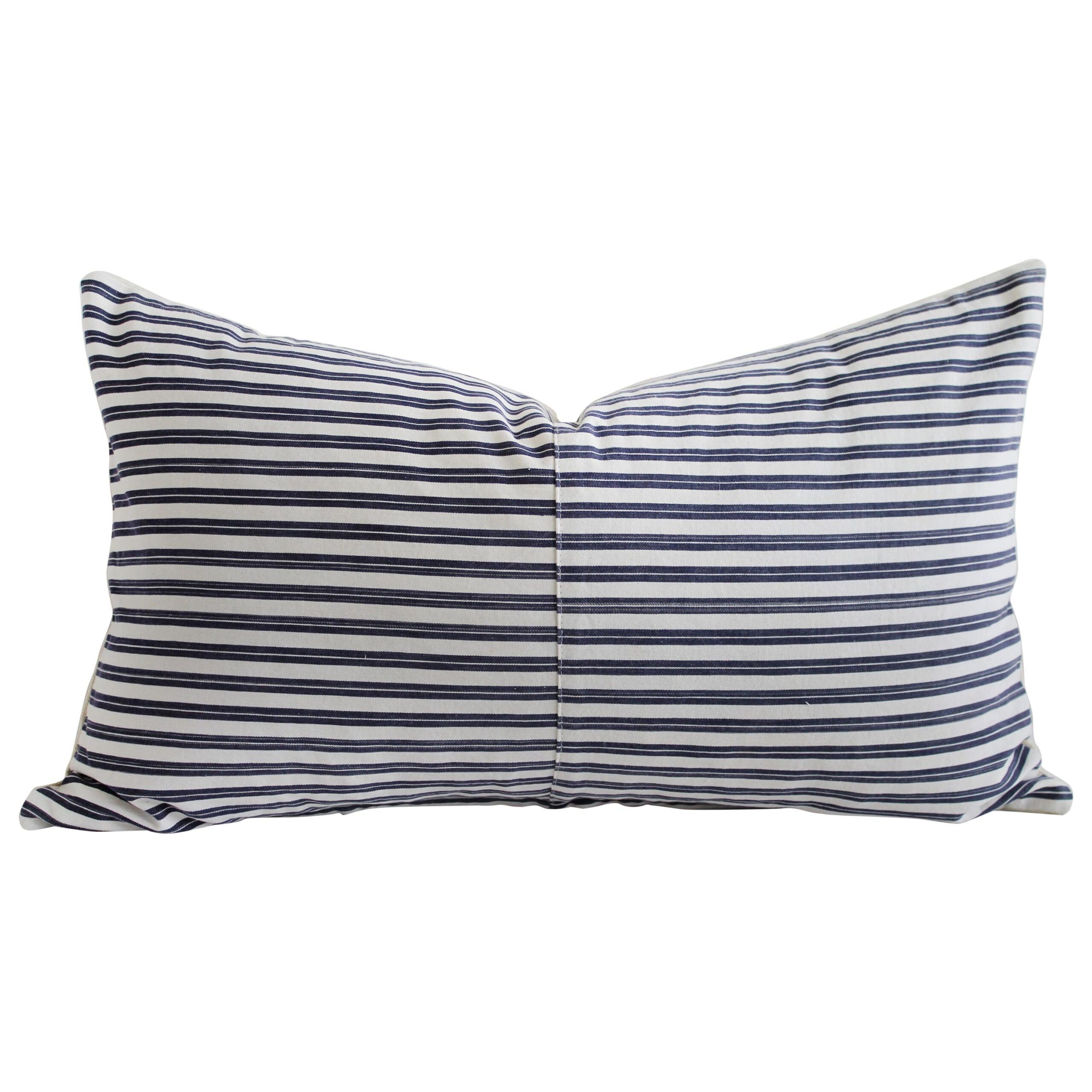 Vintage Navy Blue And White French Ticking Stripe Lumbar Pillow At ... throughout Navy Dotted Stripes Outdoor Lumbar Pillow Set Of 2, 12X24