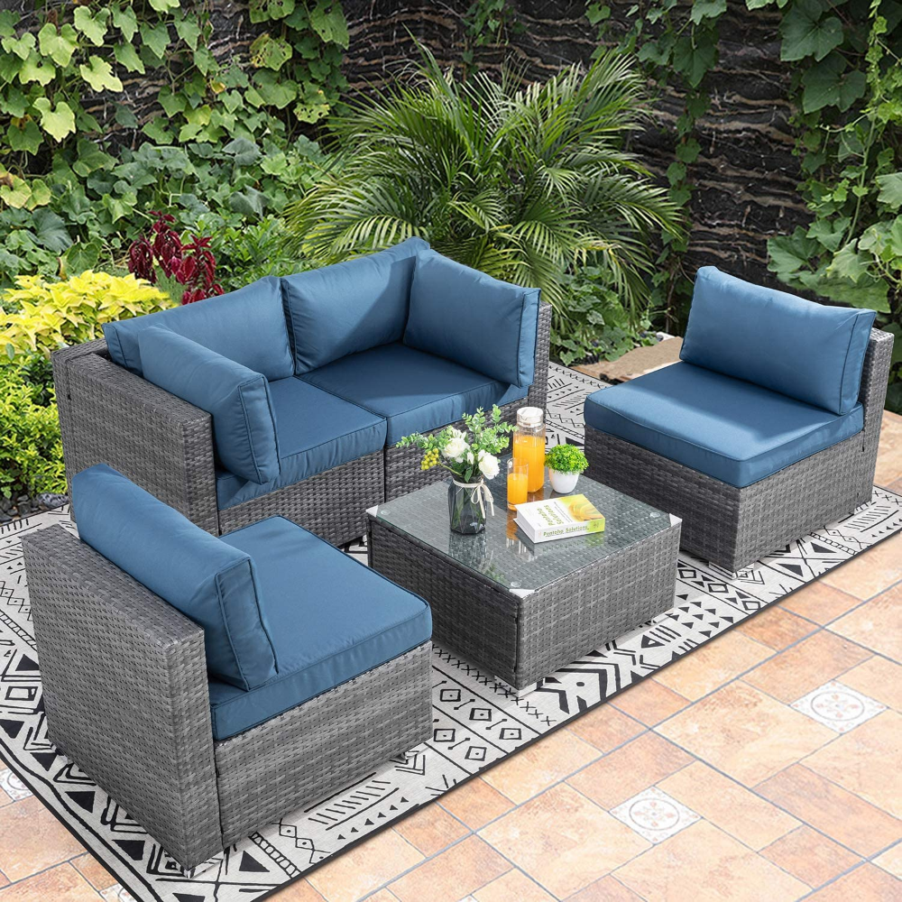 Walsunny 5 Pieces Outdoor Patio Furniture Set, All-Weather Rattan Patio ... regarding Sunbrella Canvas Taupe Outdoor Corded Deep Seating Cushion Set, 23.5"X23"